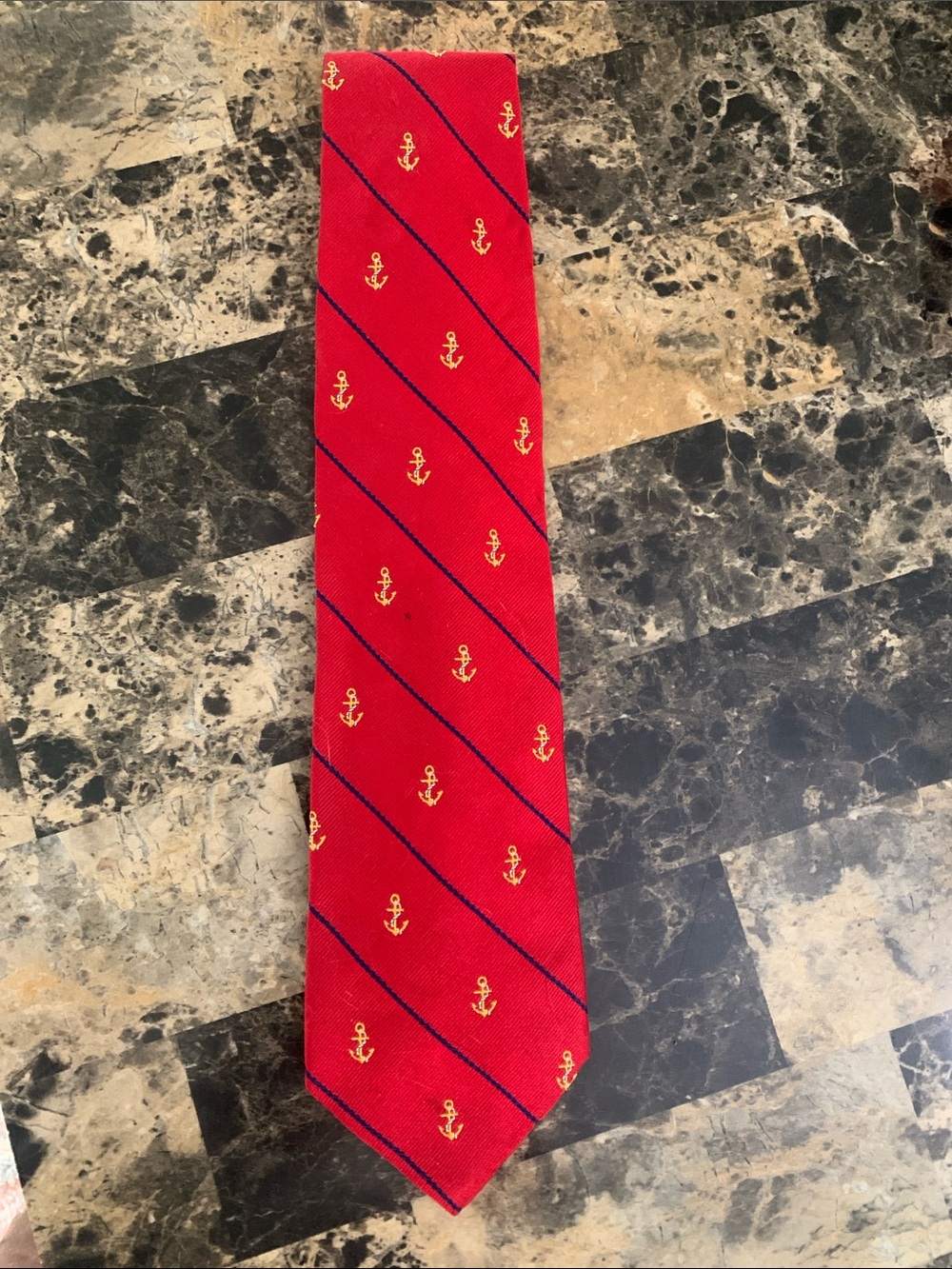 Brooks Brothers Red Tie with Gold Anchor Pattern and Navy Diagonals